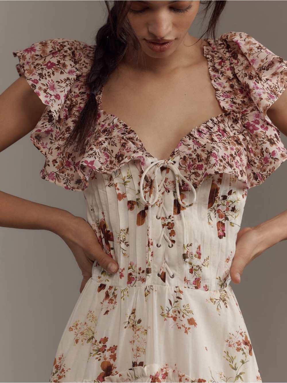 Anthropologie Maeve Ruffle-Sleeve V-Neck Lace-Up Midi Dress - Picture 2 of 5